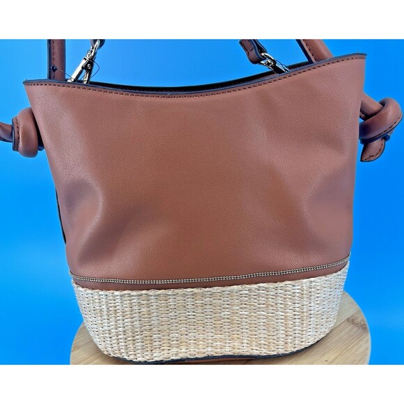 Nanette Lepore Reese Bucket Rattan Bottom Vegan Leather Bag Purse Brown/Tan - Picture 12 of 14